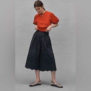 Anthropologie Maeve Wide Leg Eyelet Cropped Pants Cotton Poplin NAVY Sz M